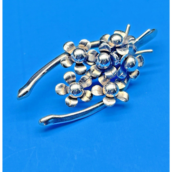 Vintage MCM Mid Century Silver-tone Wishbone Floral Cluster Brooch Pin 2" - Picture 9 of 12